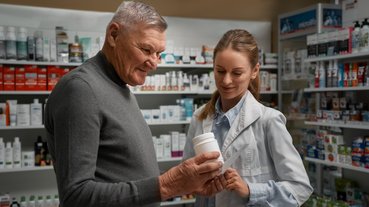 Homem idoso compra remédio com a ajuda de farmacêutica